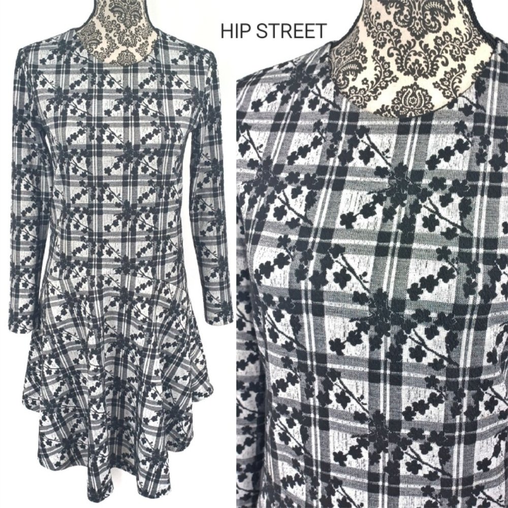 HUTCH Drop Waist LS Floral Flocked Plaid Stretch Knit Dress XS